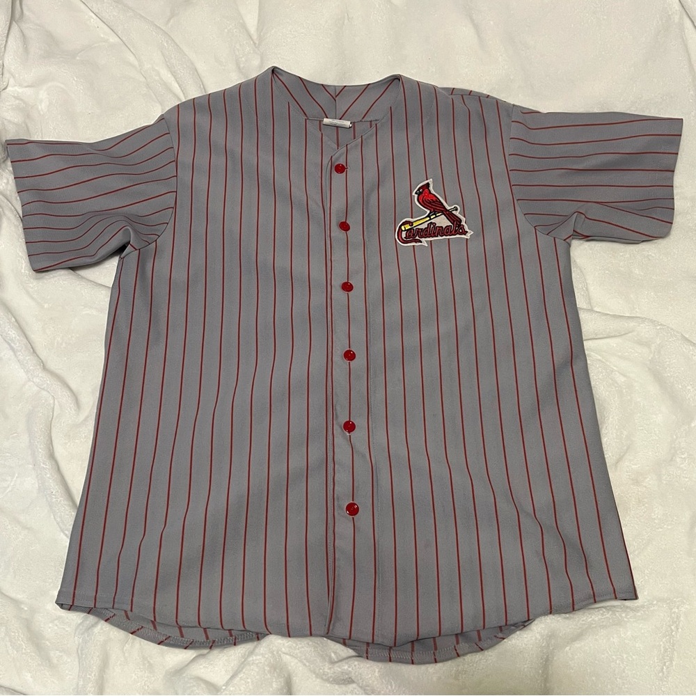 Vintage Majestic Gray and Red Striped Saint Louis Cardinals Baseball Jersey
